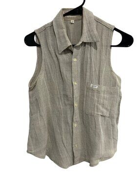 Guess Small Beige Vintage Sleeveless Linen Button Up Blouse 90s Minimalism